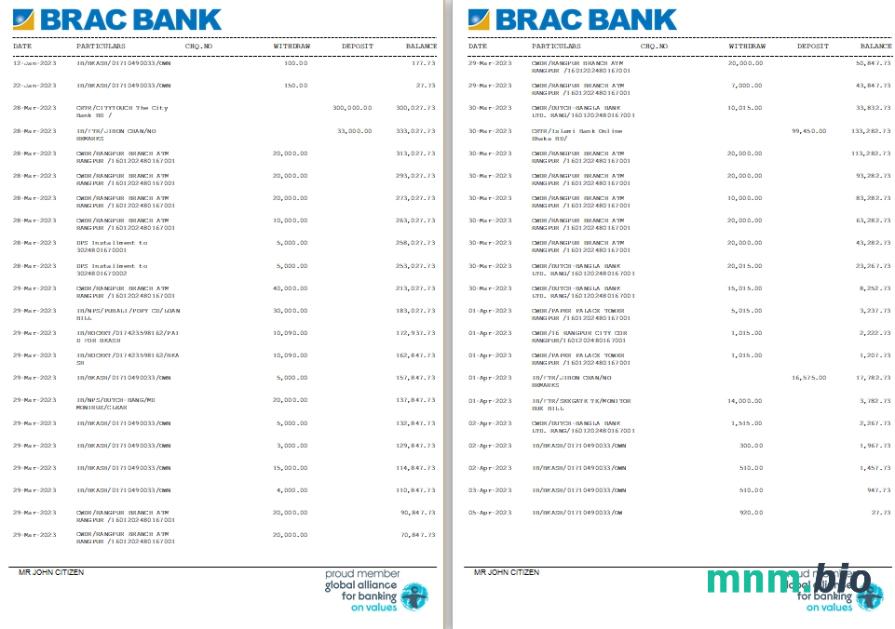 Bangladesz BRAC wyciąg bankowy 3-4